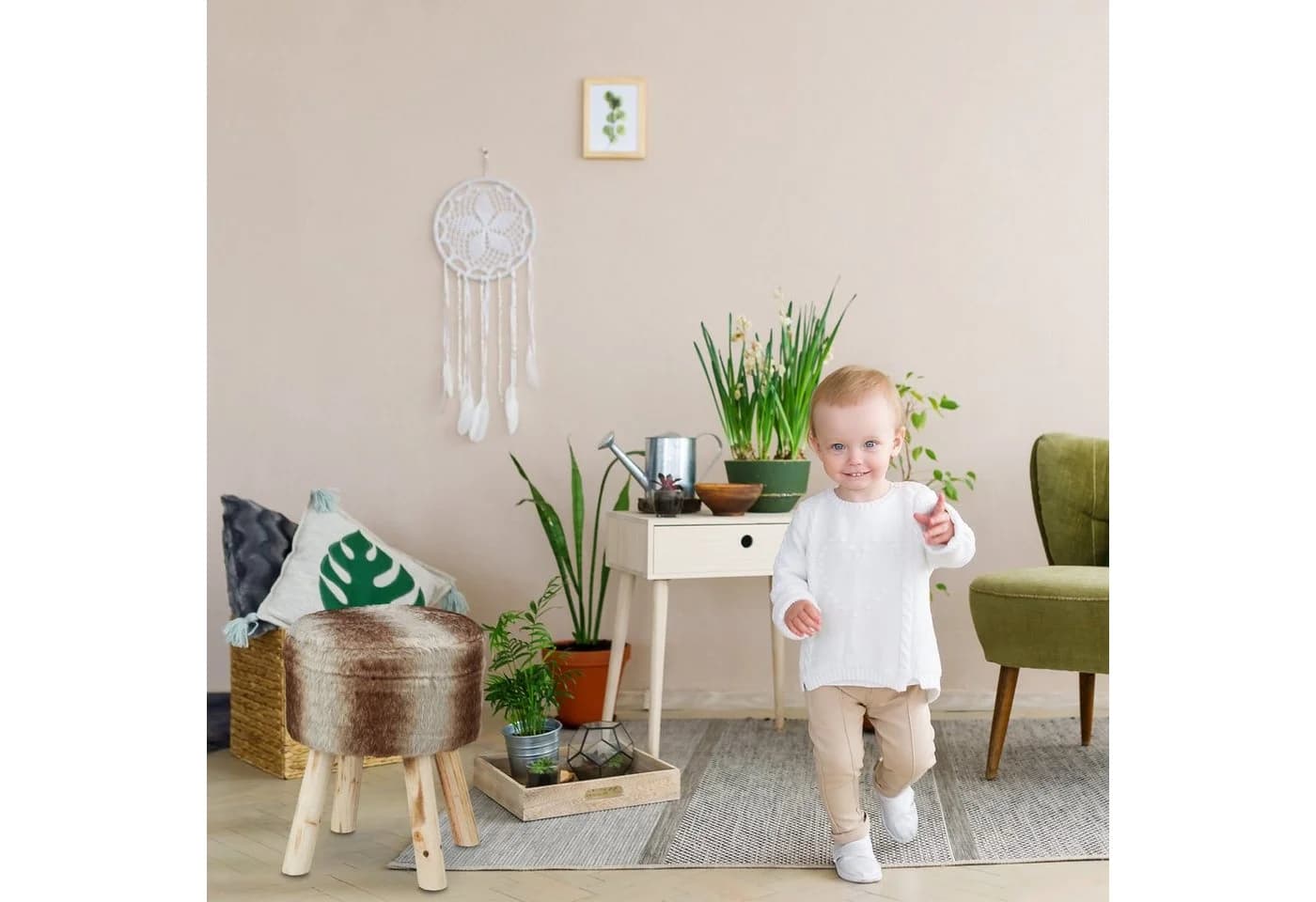 relaxdays Fellhocker rund Brau Grau Kunstfell Sitzhocker - Bild 3