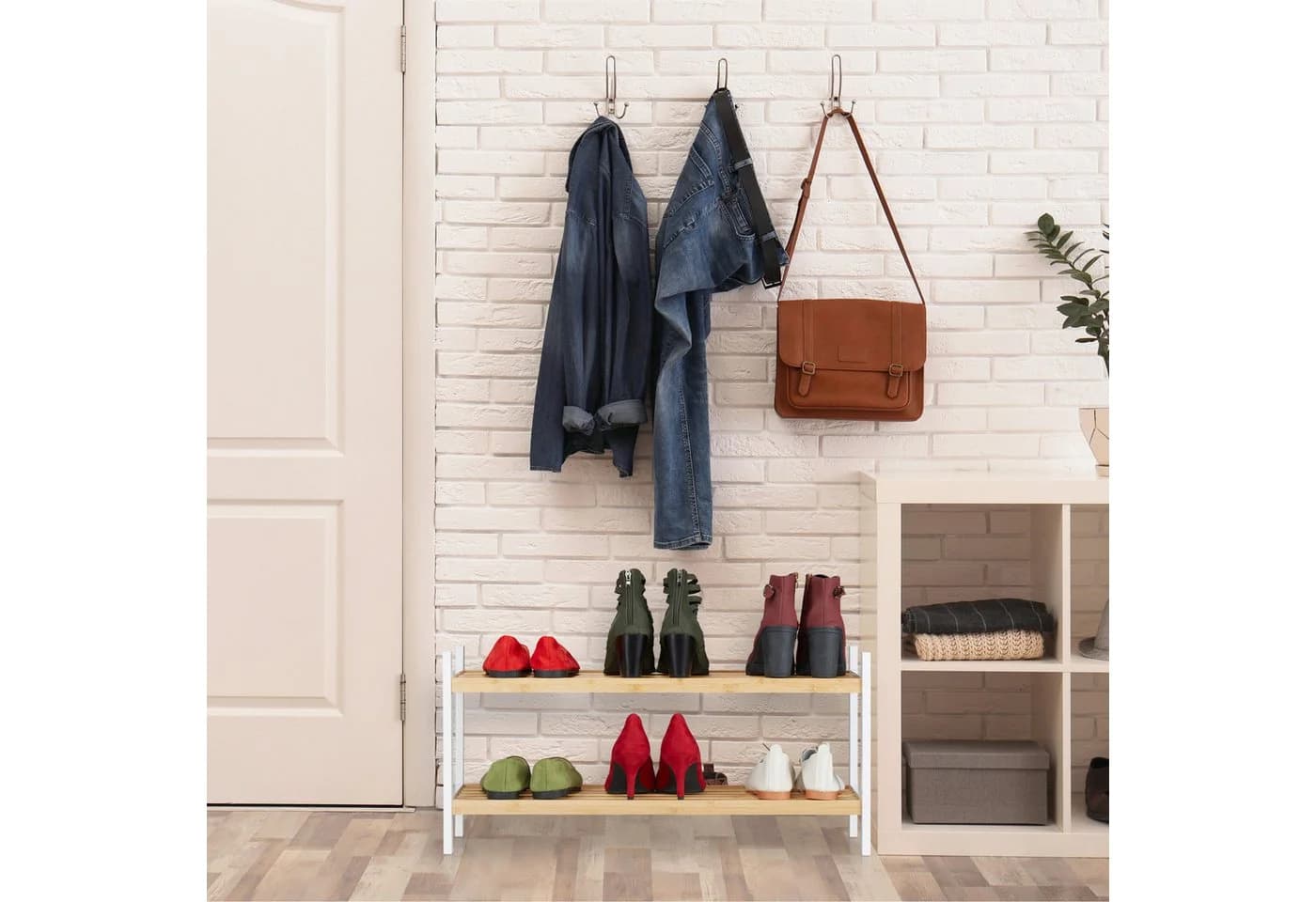 relaxdays Schuhregal 2 Ebenen Bambus Weiß