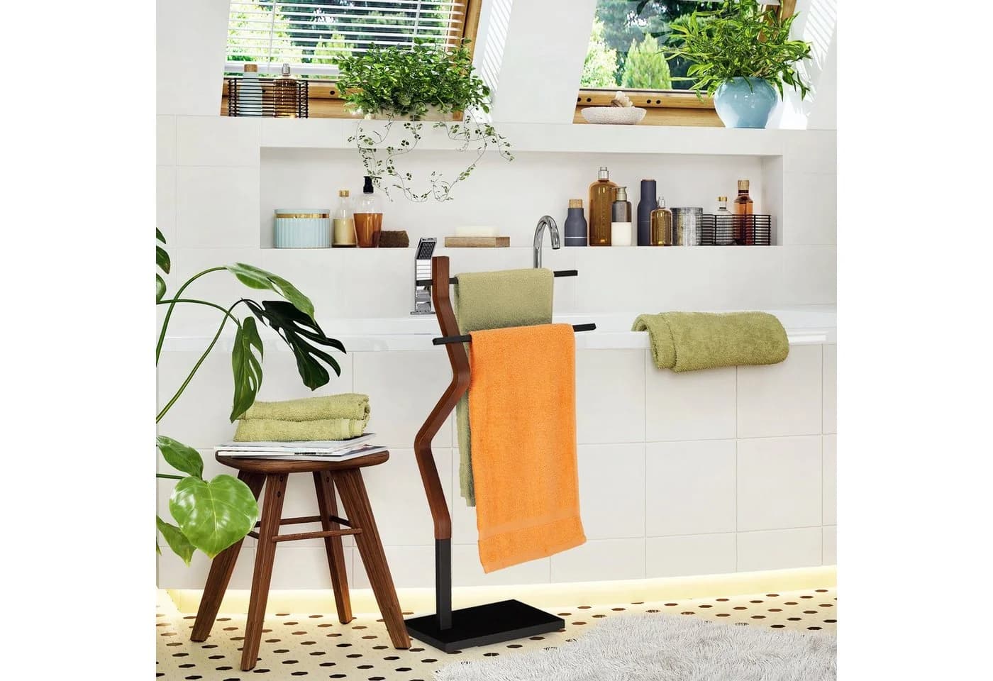 relaxdays Handtuchständer stehend Schwarz/Braun Metall Holz