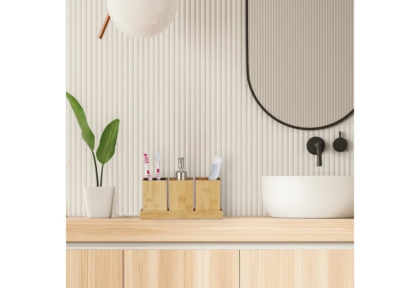 relaxdays Badezimmer-Set Bambus Silber Badaccessoires
