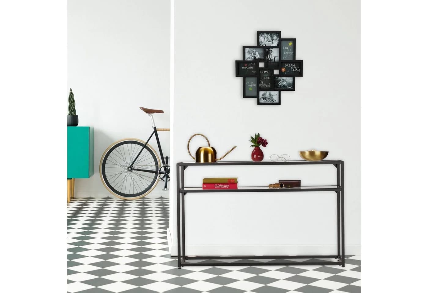relaxdays Konsolentisch mit Glasplatte Schwarz Modern