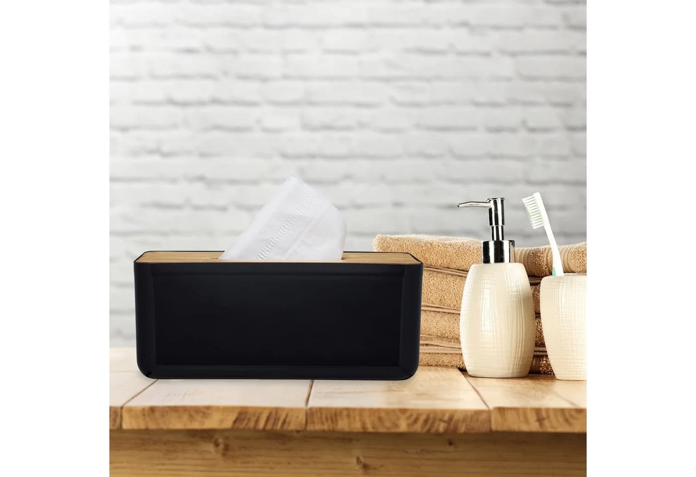 relaxdays Badorganizer Taschentuchbox Schwarz mit Bambusdeckel