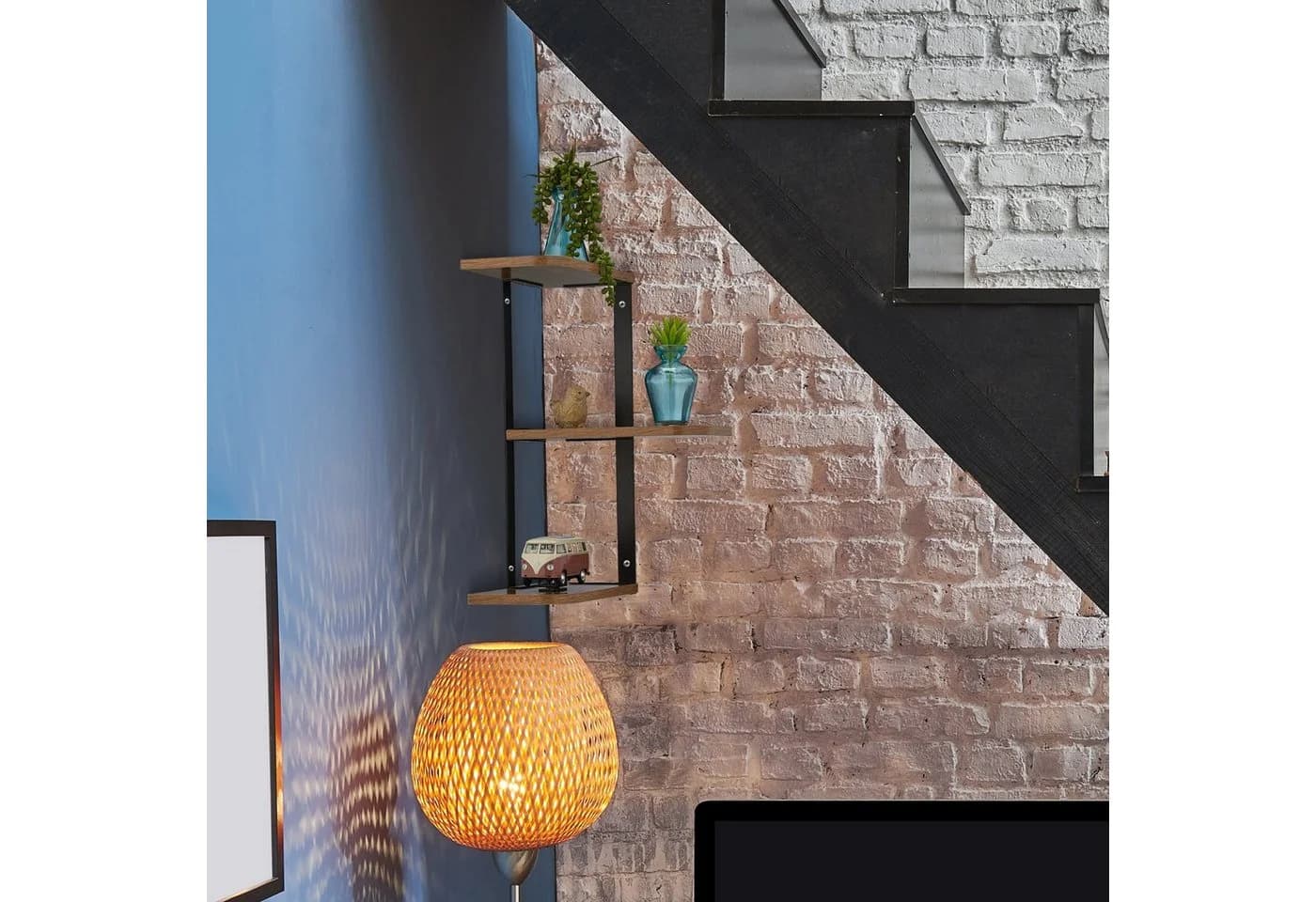 relaxdays Eckregal Wand 3 Ebenen Braun/Schwarz Industrial