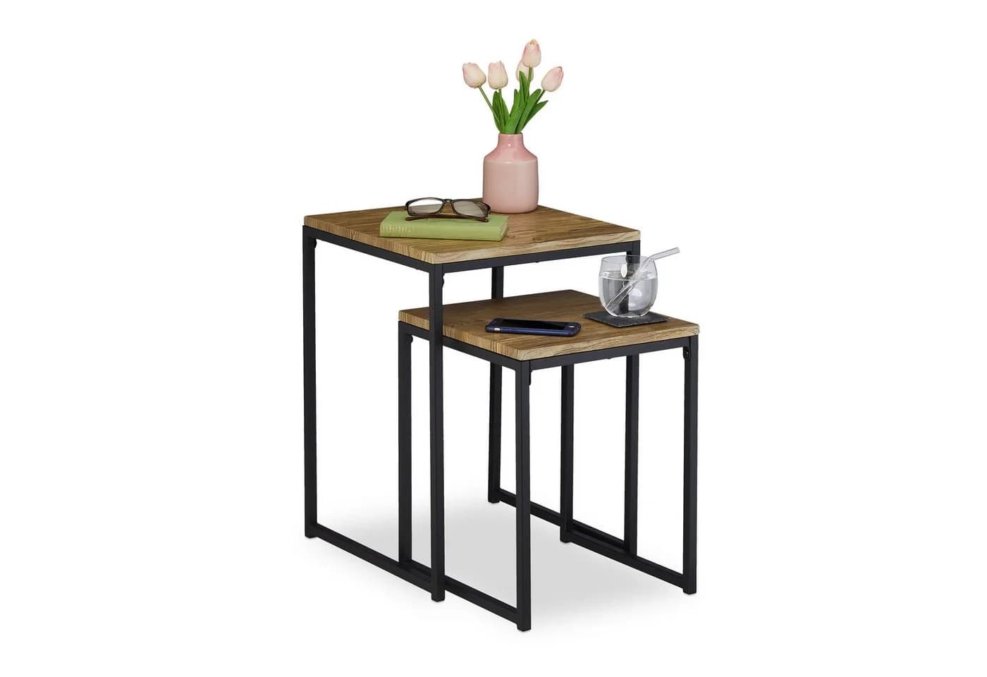 relaxdays Beistelltisch 2er Set Holzoptik Industrial Design Schwarz/Braun - Bild 2
