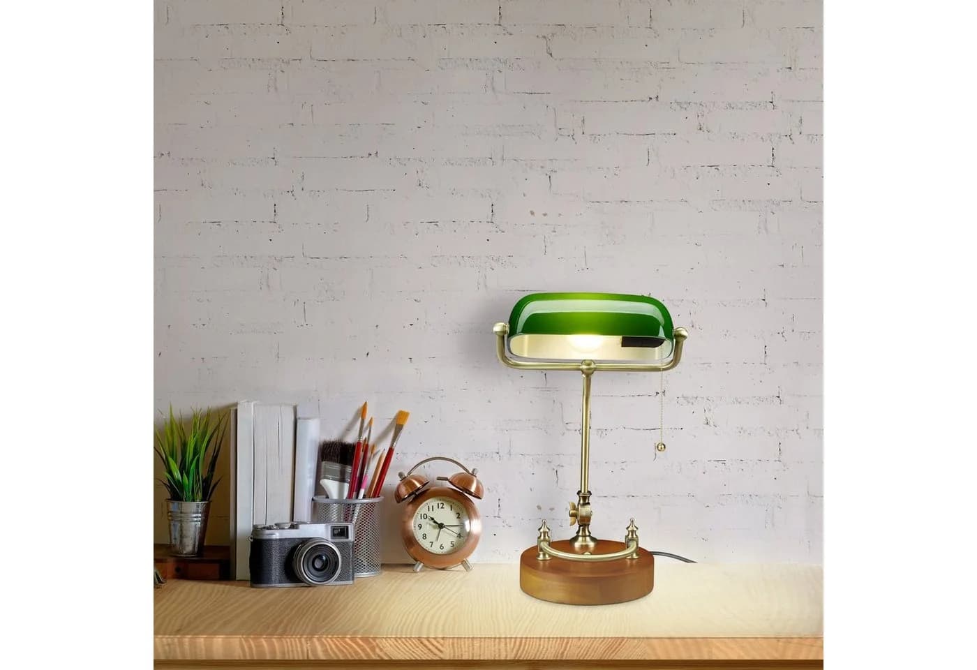 relaxdays Bankerlampe Tischleuchte mit Zugschalter Grün Gold Braun - Bild 3