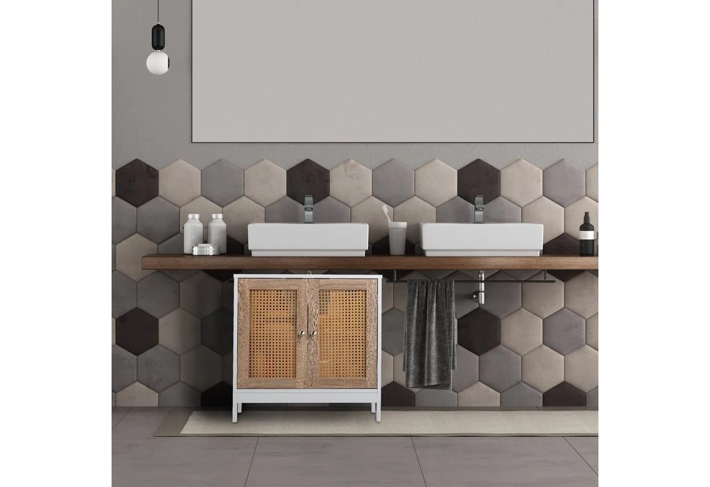 relaxdays Waschbeckenunterschrank mit Rattan-Türen Weiß