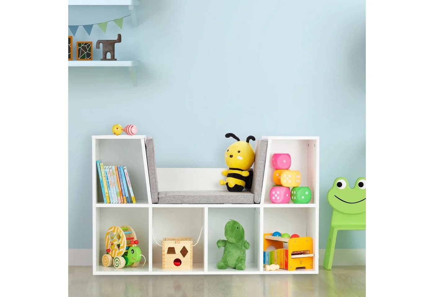 relaxdays Kinderregal mit Sitzkissen Weiß/Grau