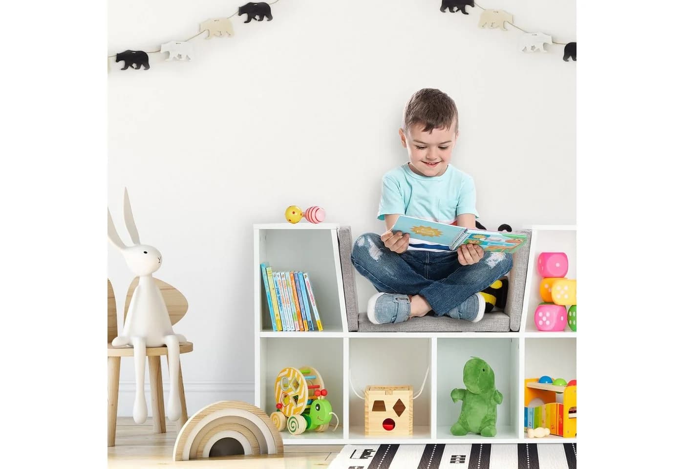 relaxdays Kinderregal mit Sitzkissen Weiß/Grau - Bild 5