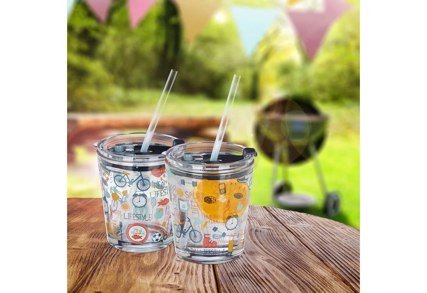 relaxdays Gläser-Set 4er Glasbecher Sport-Motiv Transparent/Bunt