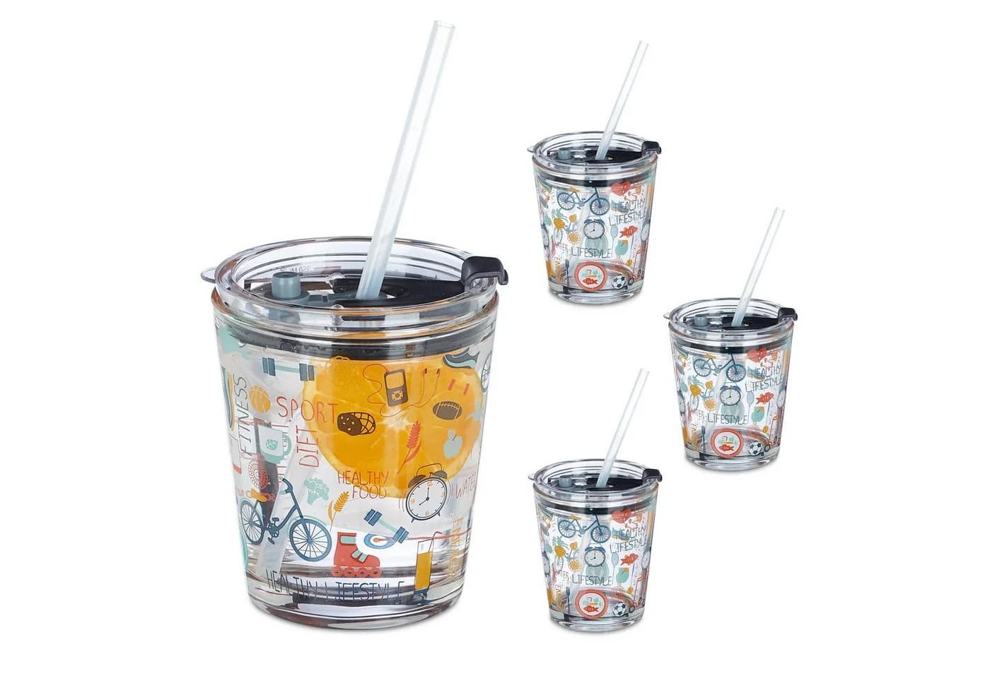 relaxdays Gläser-Set 4er Glasbecher Sport-Motiv Transparent/Bunt - Bild 2