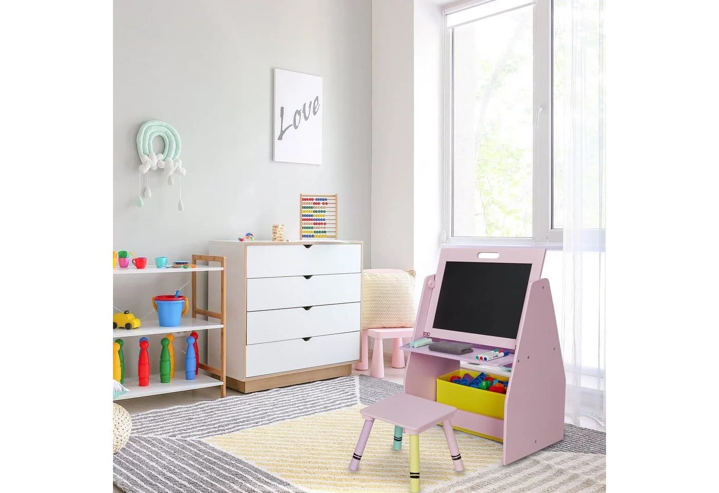 relaxdays Kinderregal mit Tafel und Hocker Bunt