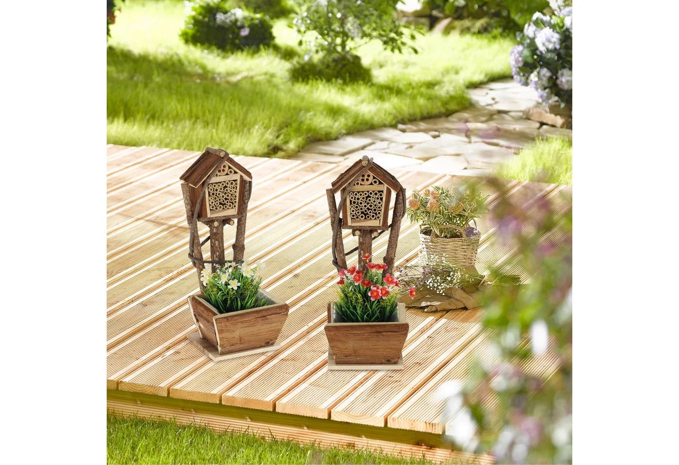relaxdays Insektenhotel Bienenhotel mit Blumentopf 2er Set Natur Holz