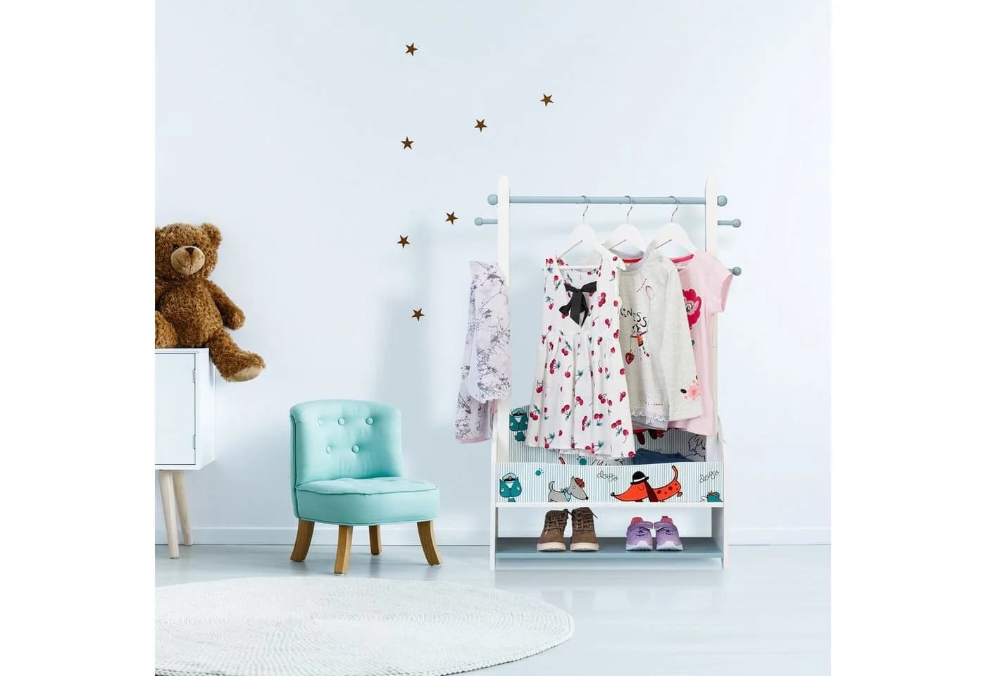 relaxdays Kleiderständer für Kinder Hunde Motiv Blau/Weiß