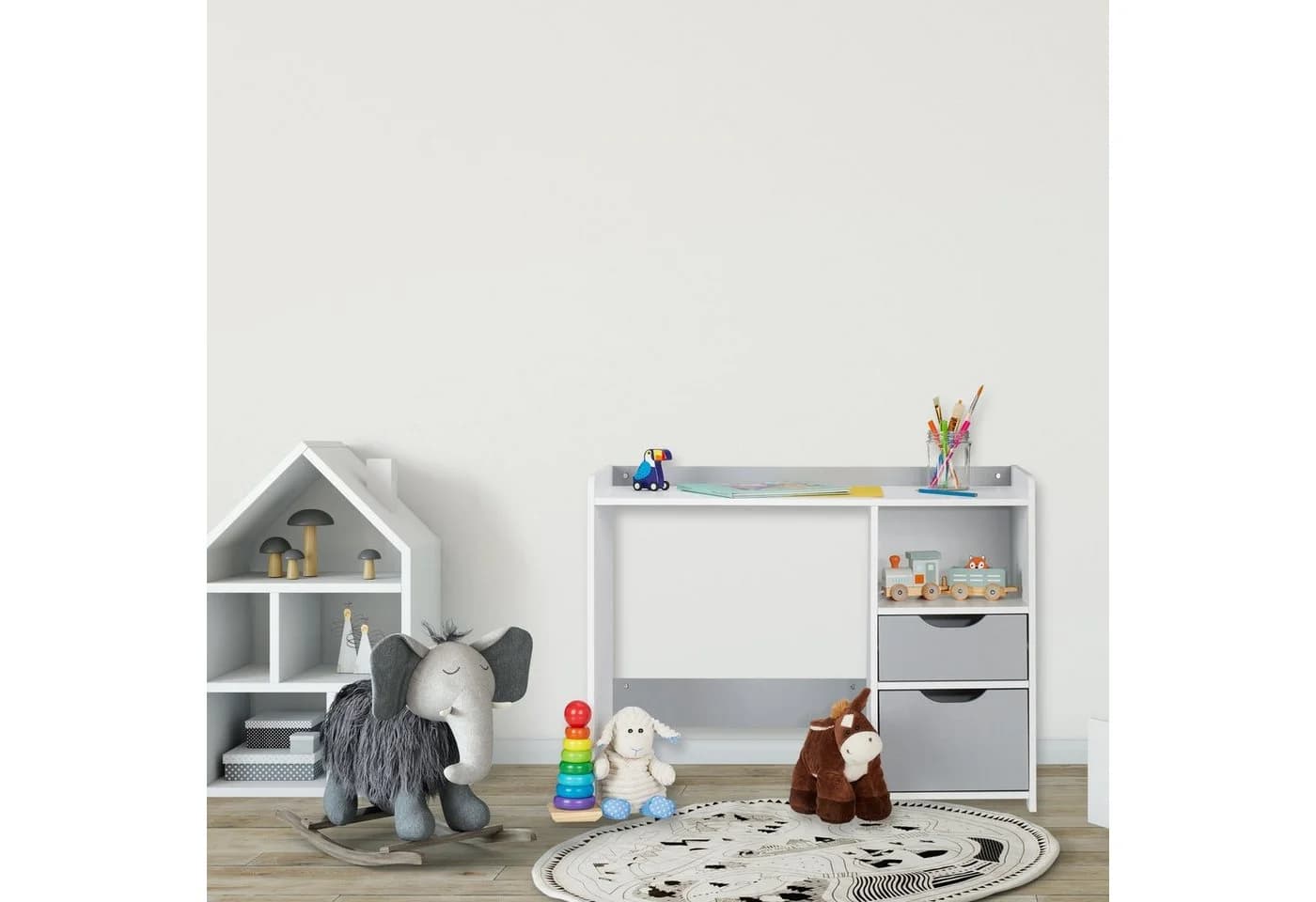 relaxdays Kinderschreibtisch mit Schubladen Weiß/Grau