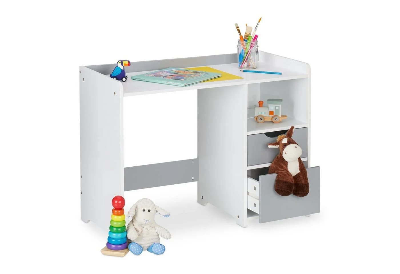 relaxdays Kinderschreibtisch mit Schubladen Weiß/Grau - Bild 2