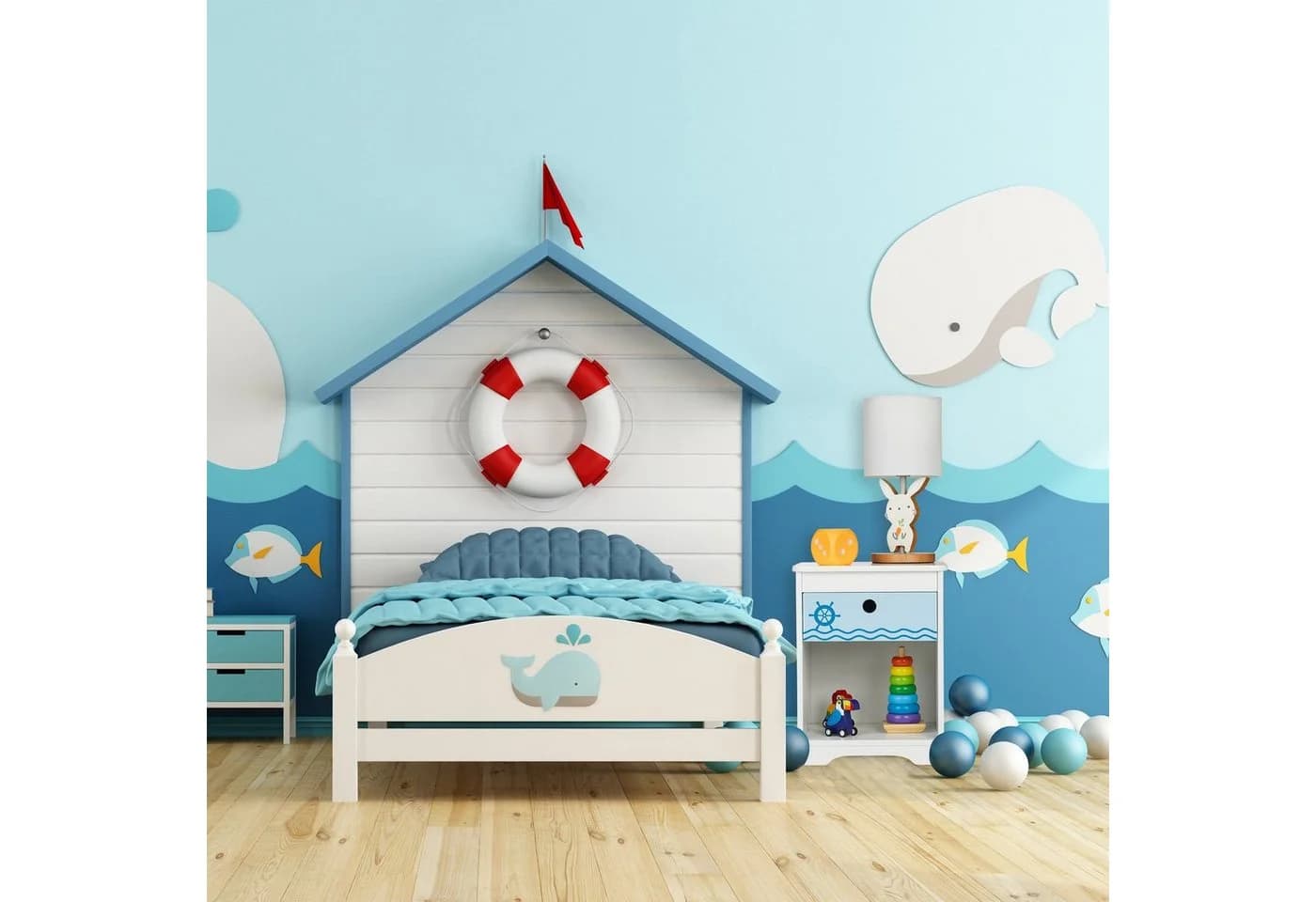 relaxdays Nachtkommode Nachttisch Kinder Weiß/Blau Seemann-Design