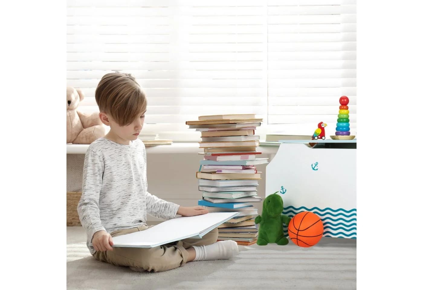 relaxdays Spielzeugtruhe mit Bücherfächern Weiß Blau Nautisch - Bild 3