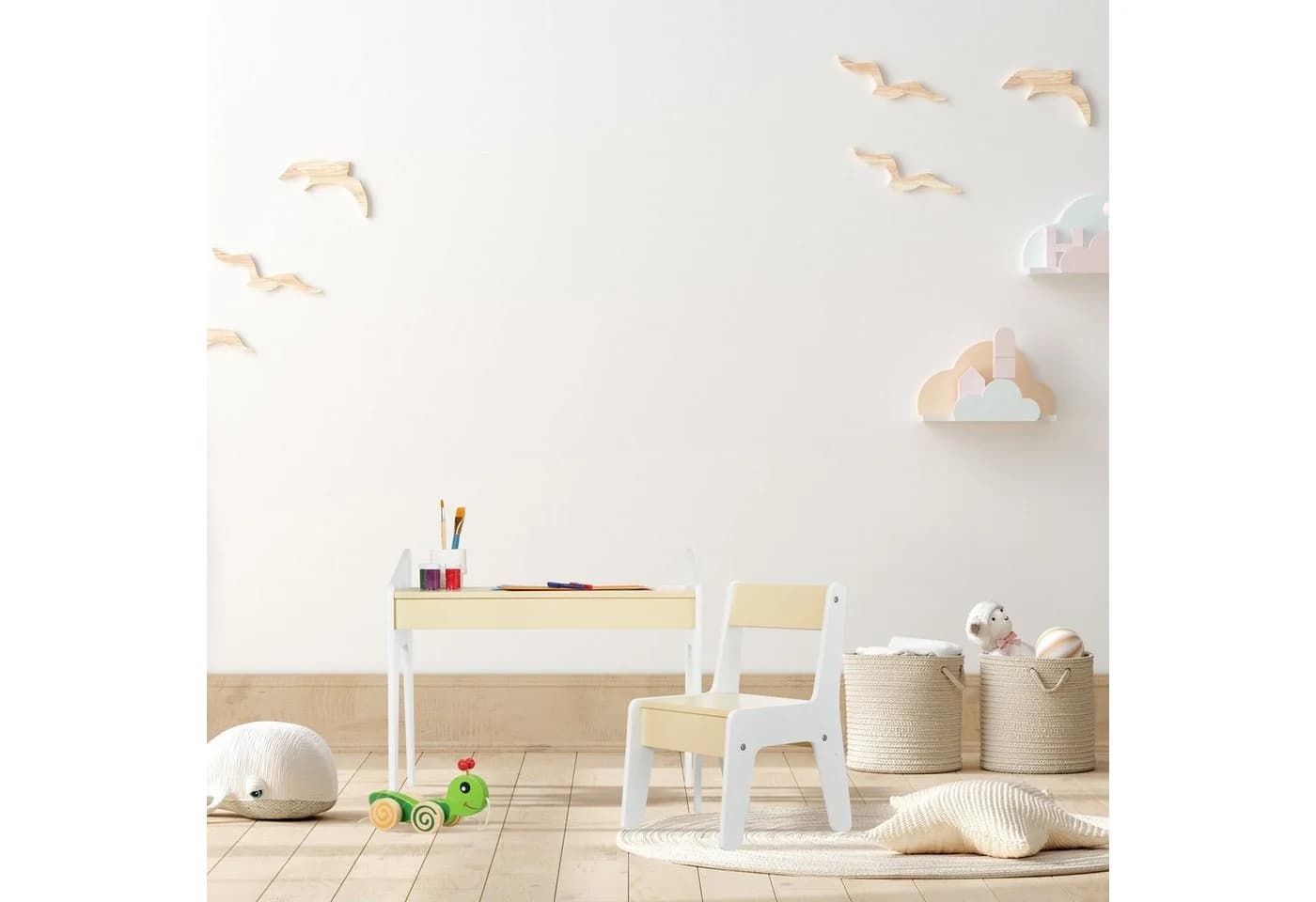 relaxdays Kindersitzgruppe mit Stuhl Beige Weiß