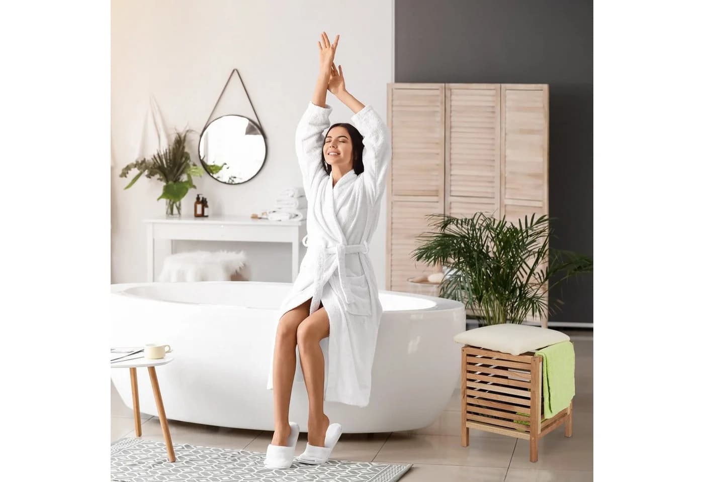 relaxdays Wäschetruhe Wäschekorb mit Sitz Walnussholz Braun/Beige - Bild 3