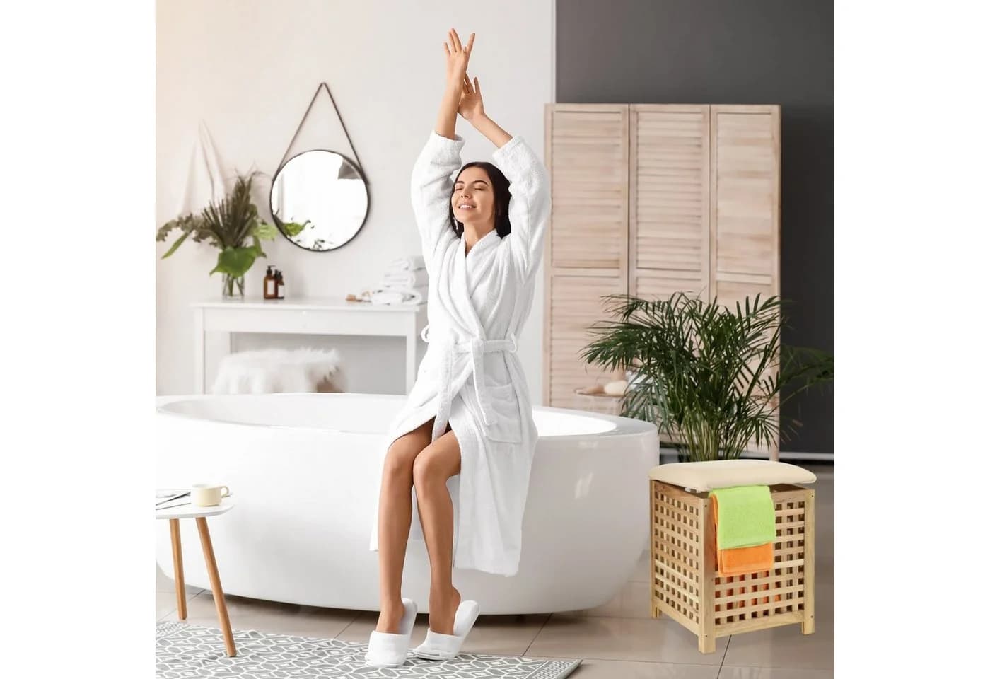 relaxdays Wäschekorb mit Sitz Walnuss Braun Creme - Bild 3