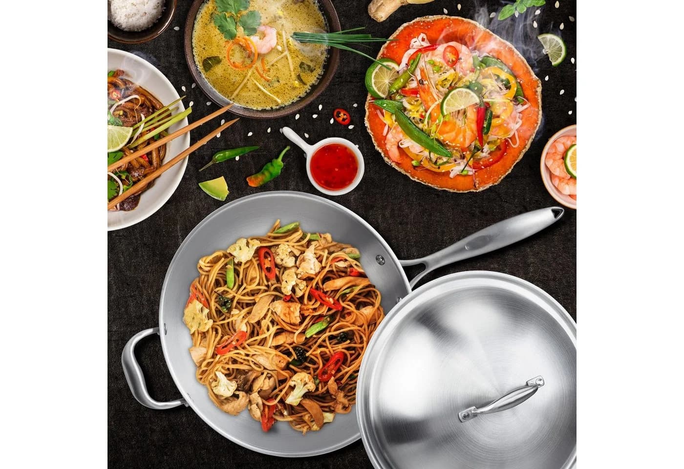 relaxdays Wok Edelstahl mit Deckel Silber