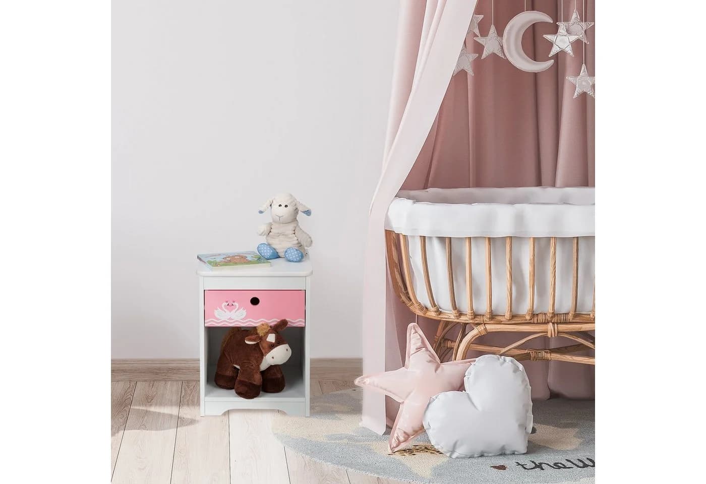 relaxdays Nachtkommode Kinder Nachttisch Schwan Weiß/Rosa