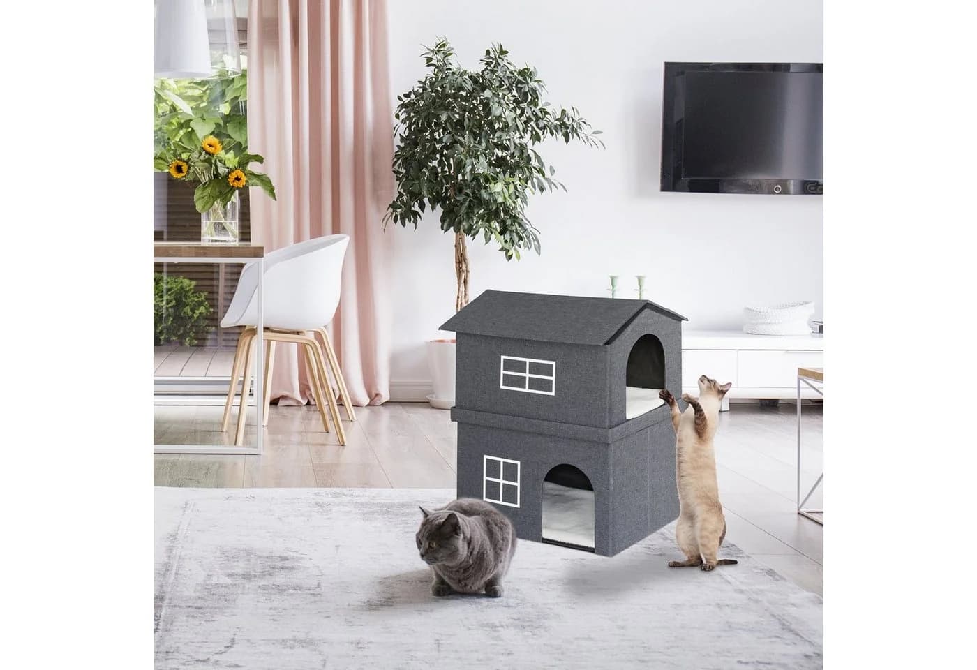 relaxdays Katzenzelt 2 Etagen Grau/Weiß Modernes Katzenhaus