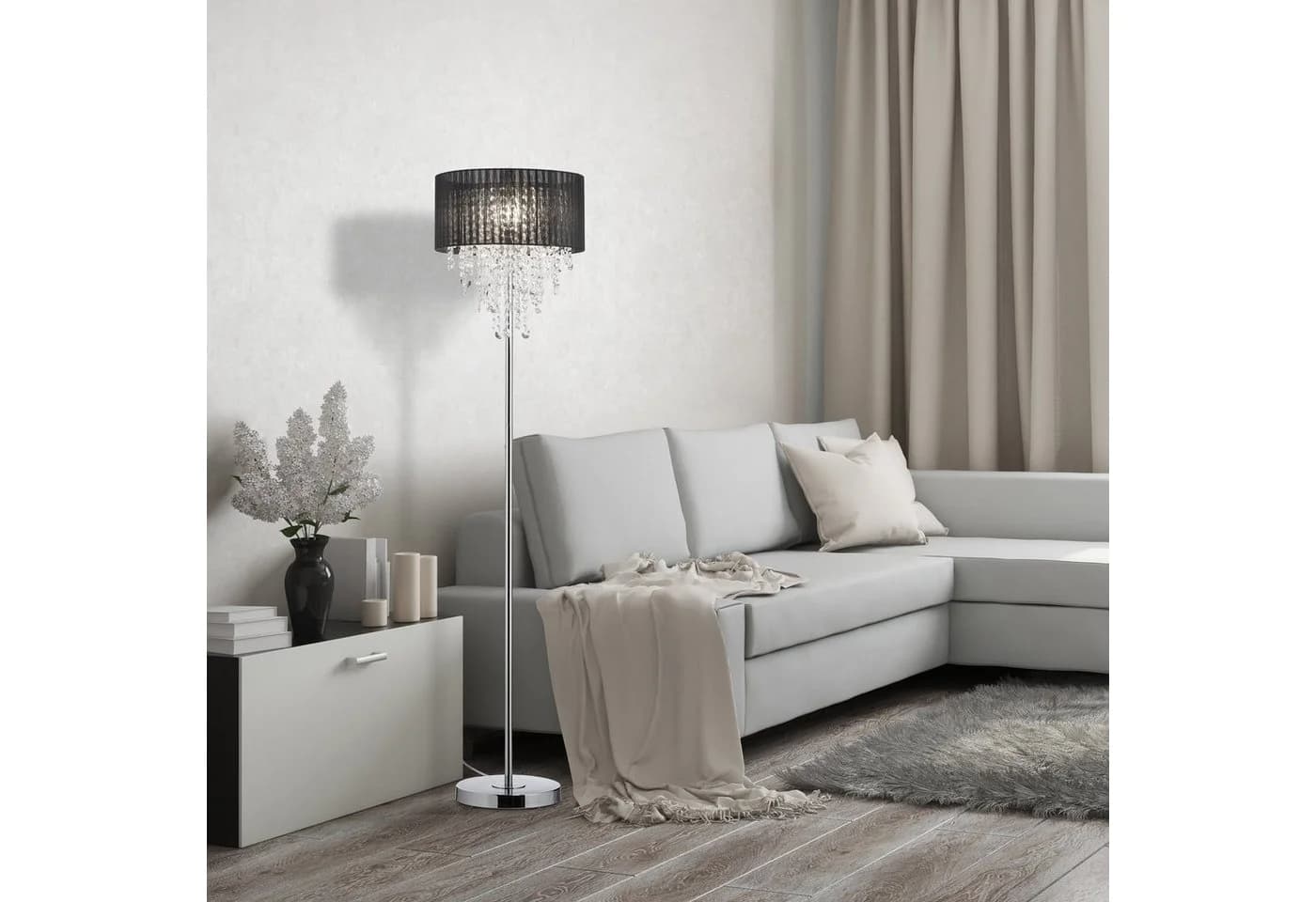 relaxdays Stehlampe Schwarz mit Kristallketten