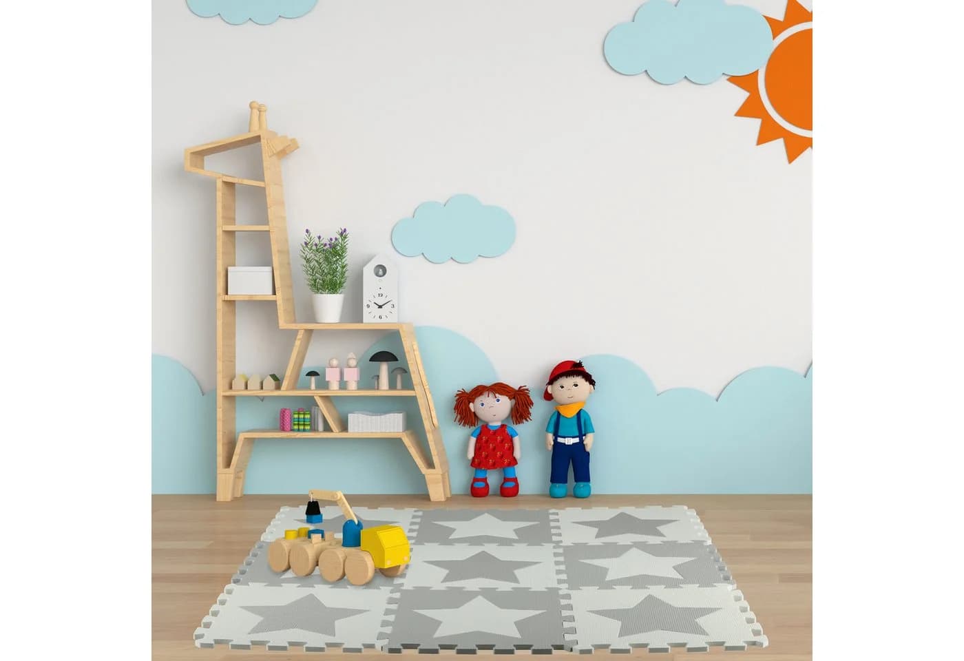 relaxdays Spielmatte Puzzlematte Sterne hellgrau 9-tlg.