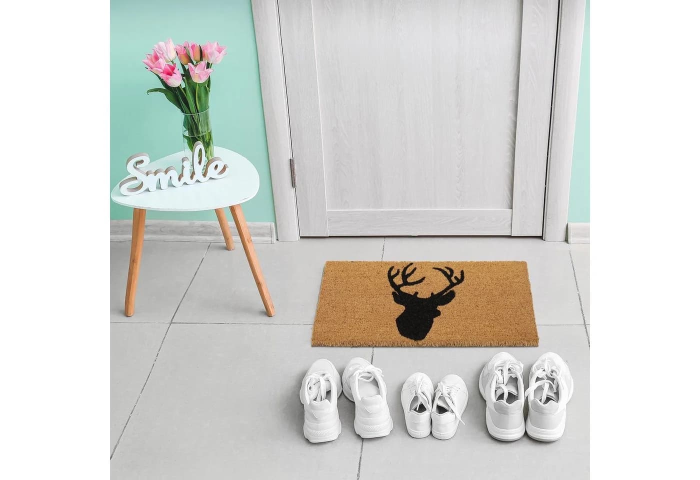 relaxdays Fußmatte Kokos mit Hirsch Motiv Schwarz Braun