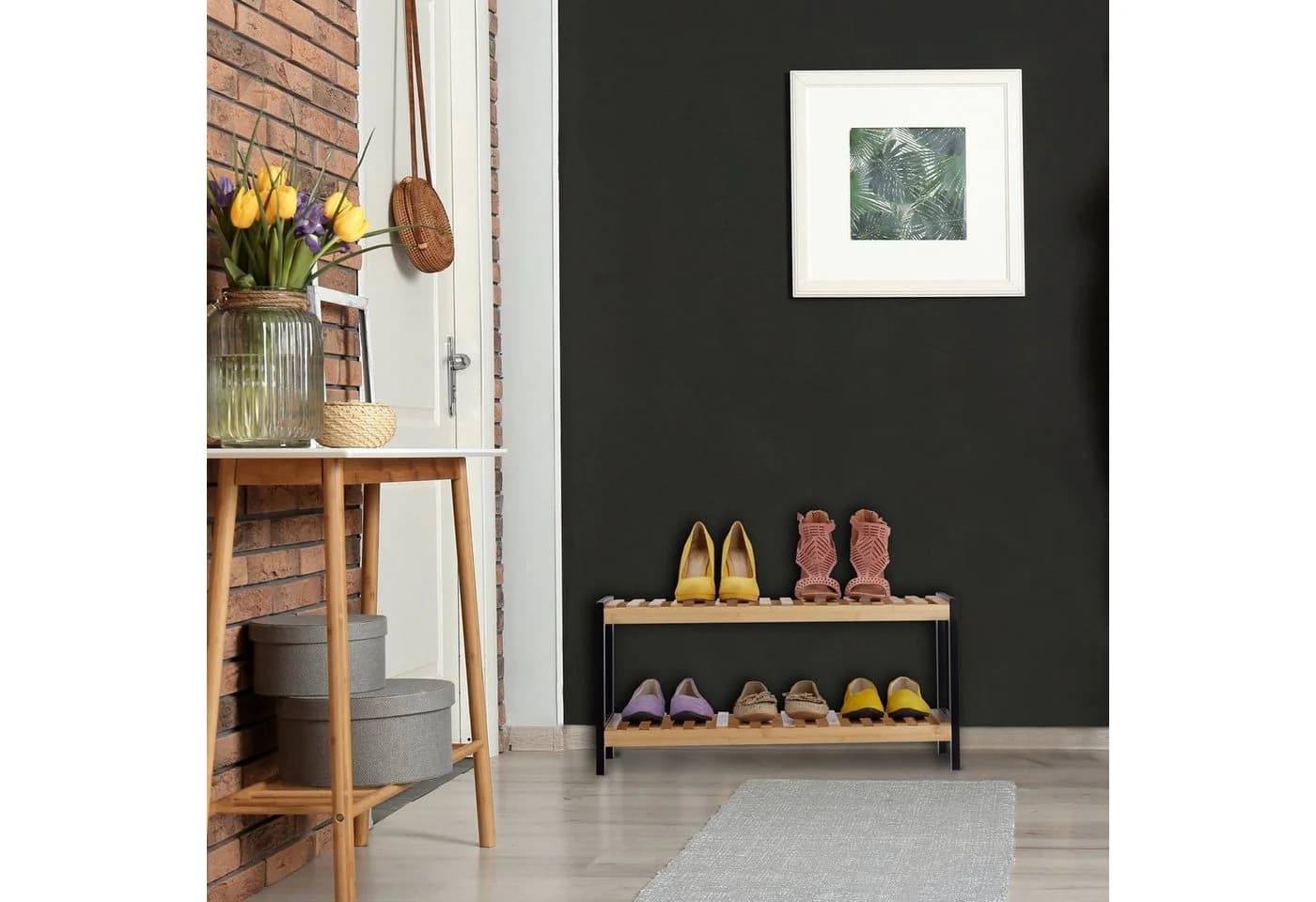 relaxdays Schuhregal 2 Ebenen Bambus Schwarz