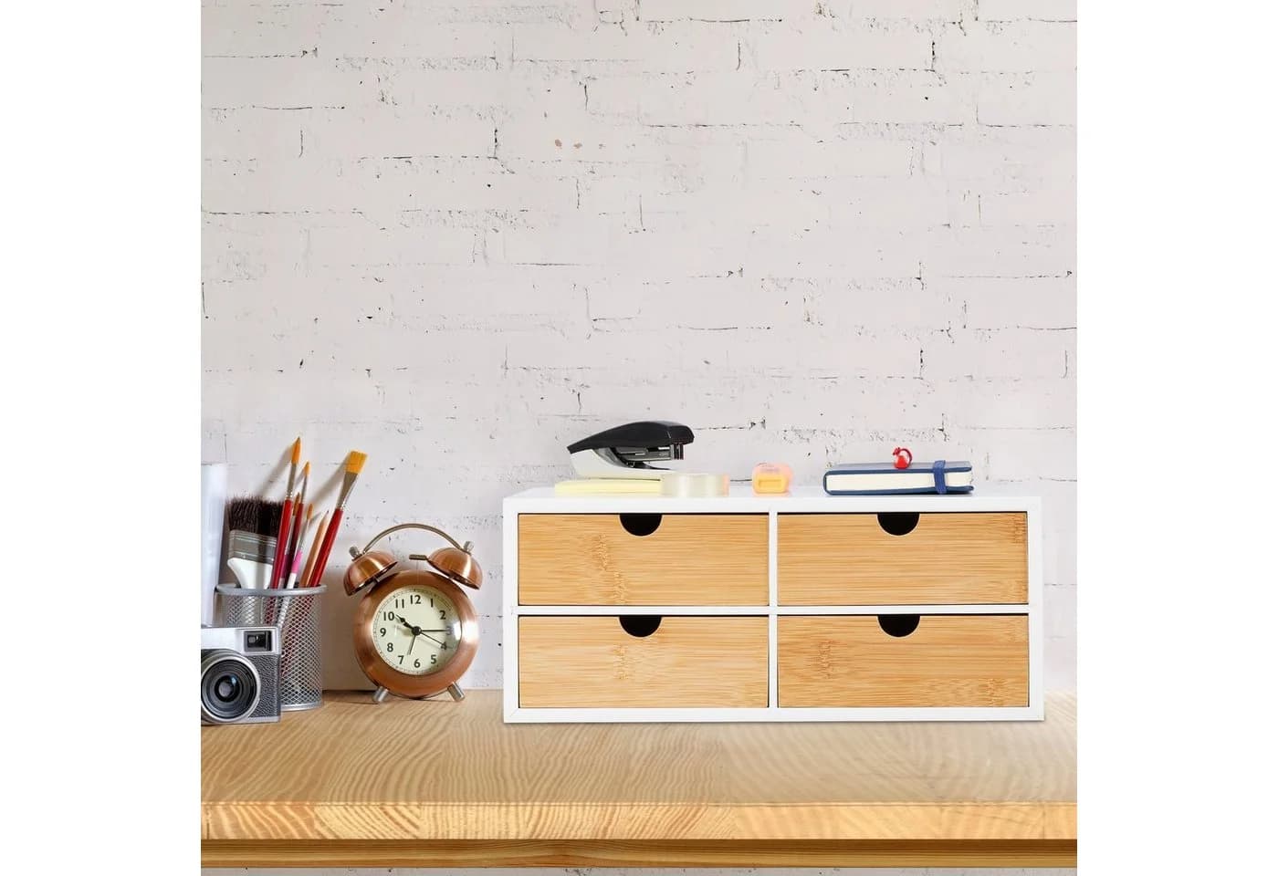 relaxdays Schreibtisch Organizer 4 Schubladen Weiß/Natur Bambus