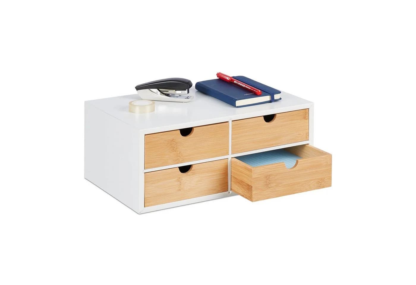 relaxdays Schreibtisch Organizer 4 Schubladen Weiß/Natur Bambus - Bild 2
