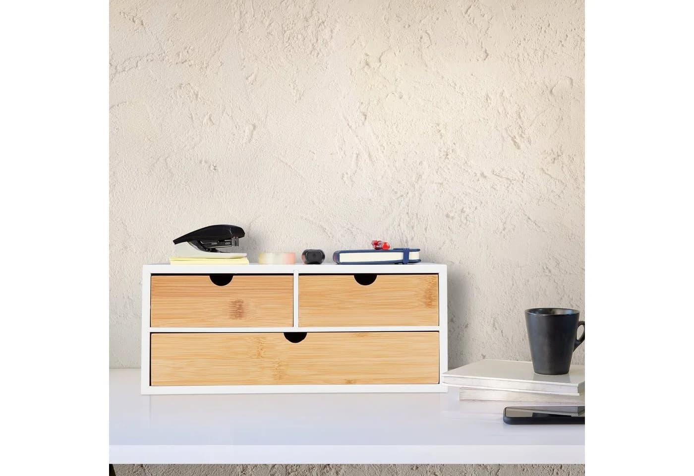relaxdays Schreibtisch Organizer 3 Schubladen Bambus Weiß/Natur