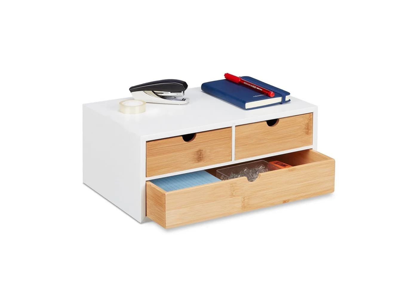 relaxdays Schreibtisch Organizer 3 Schubladen Bambus Weiß/Natur - Bild 2