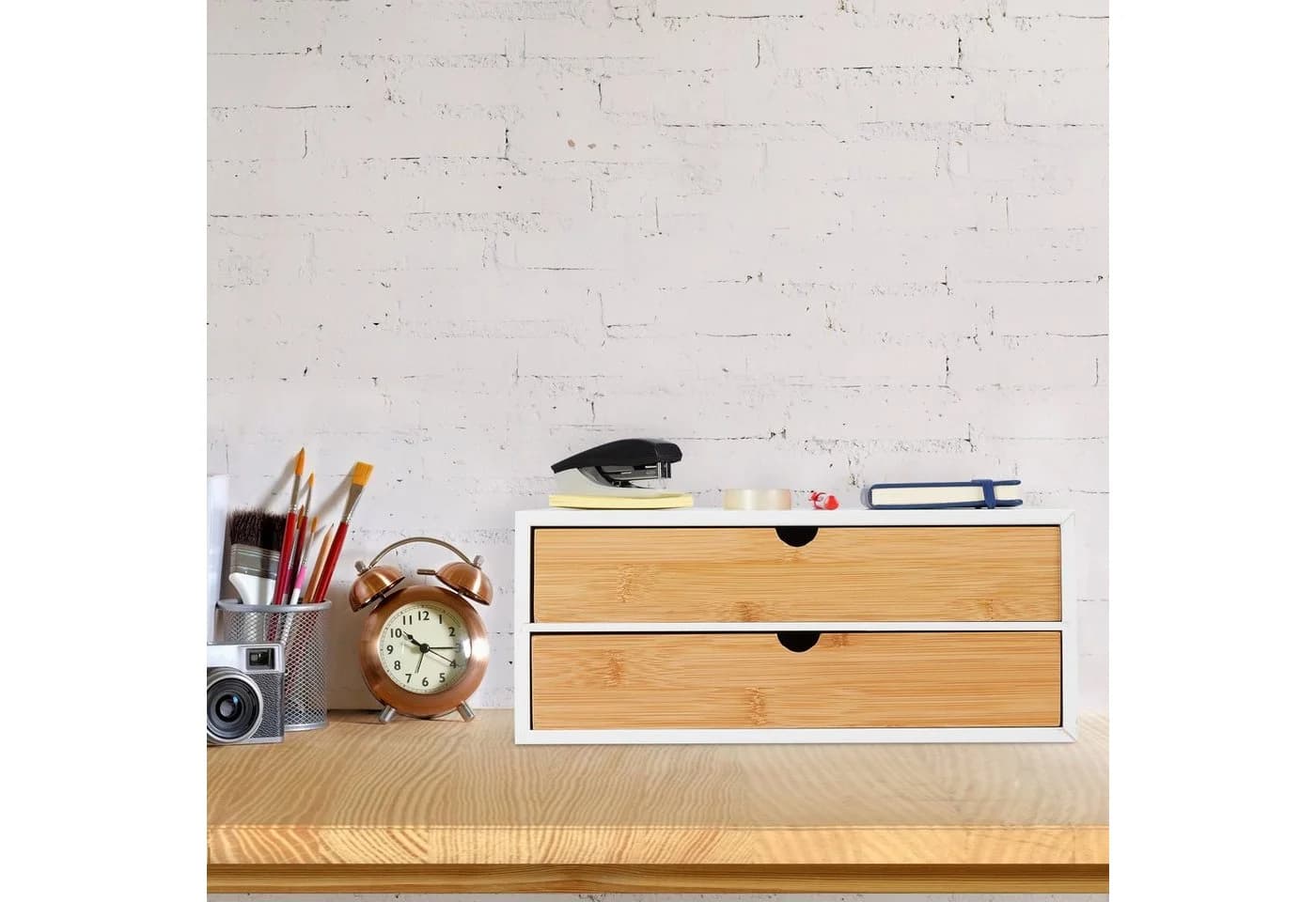 relaxdays Organizer Schubladenbox Bambus & MDF 2 Fächer Weiß/Natur
