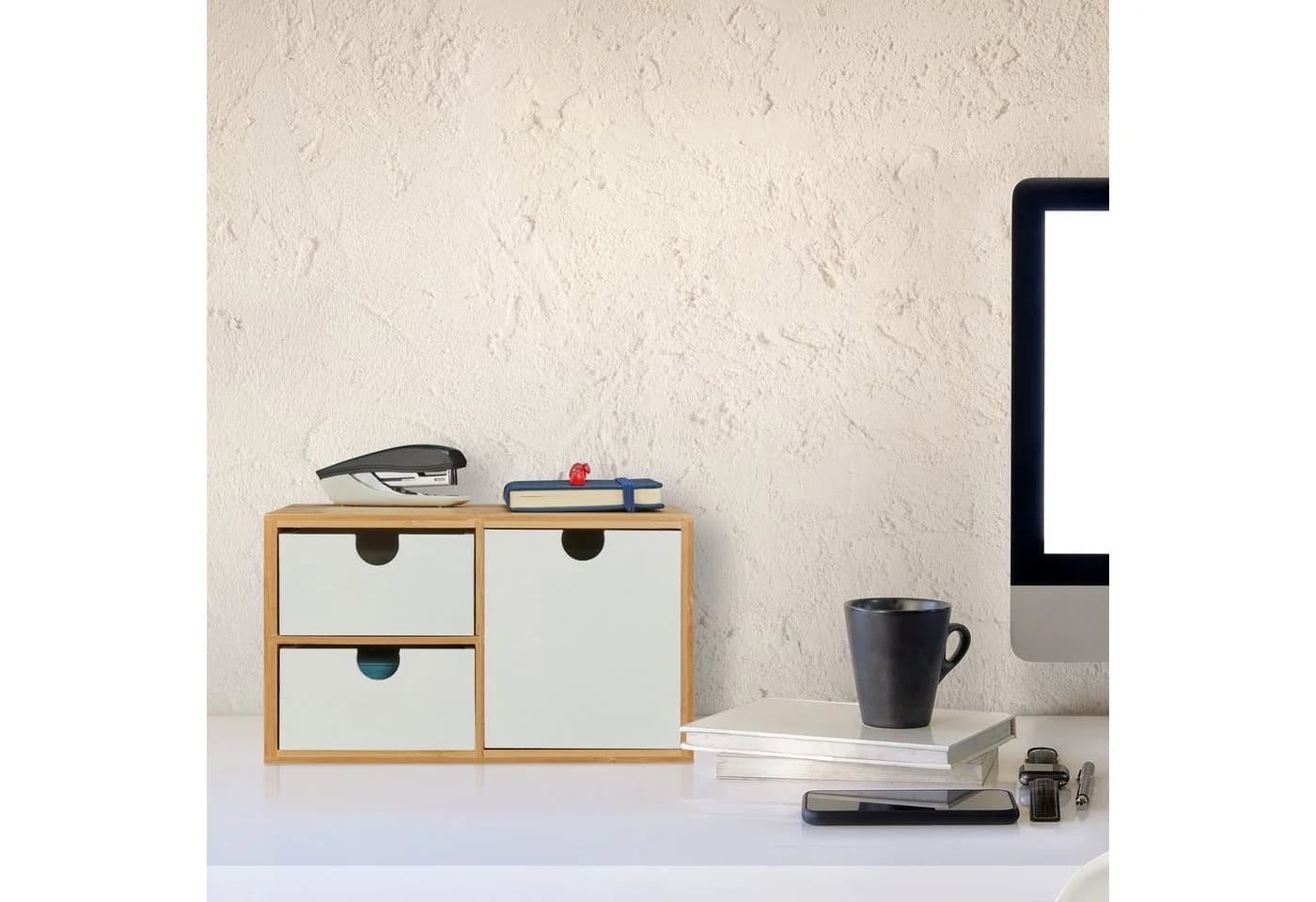 relaxdays Organizer Schubladenbox Bambus & MDF 3 Fächer Weiß/Natur