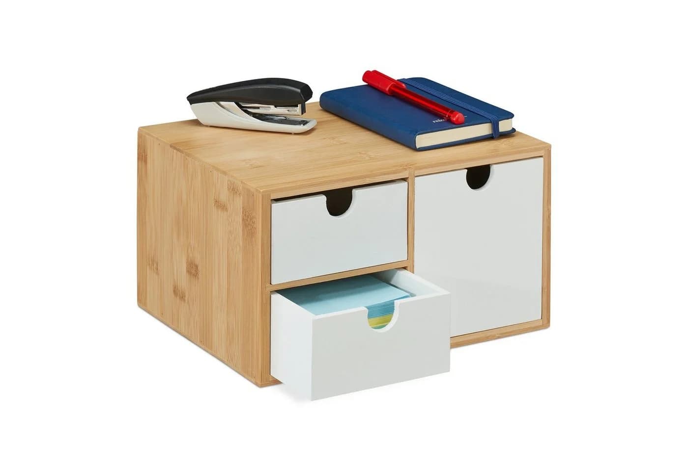 relaxdays Organizer Schubladenbox Bambus & MDF 3 Fächer Weiß/Natur - Bild 2