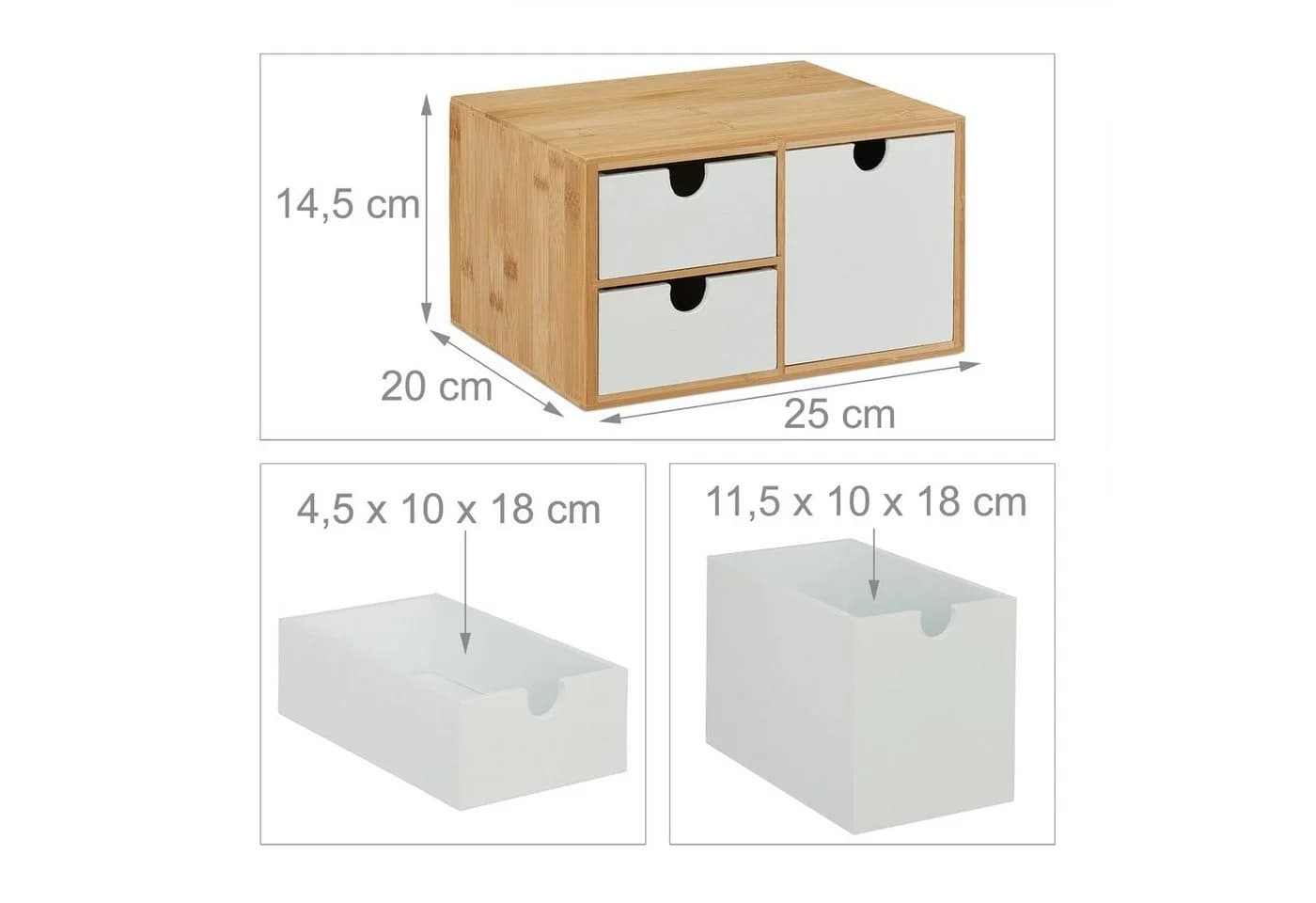 relaxdays Organizer Schubladenbox Bambus & MDF 3 Fächer Weiß/Natur - Bild 4