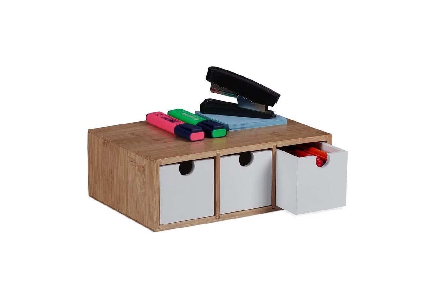 relaxdays Organizer Schubladenbox Bambus & MDF 3 Fächer Weiß/Natur - Bild 2