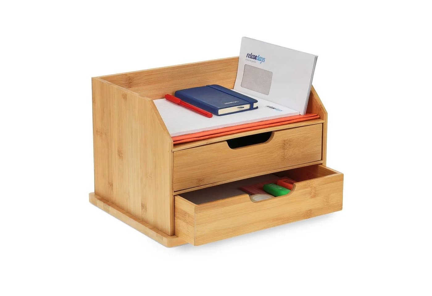 relaxdays Schreibtisch-Organizer mit 2 Schubfächern Bambus Natur - Bild 2