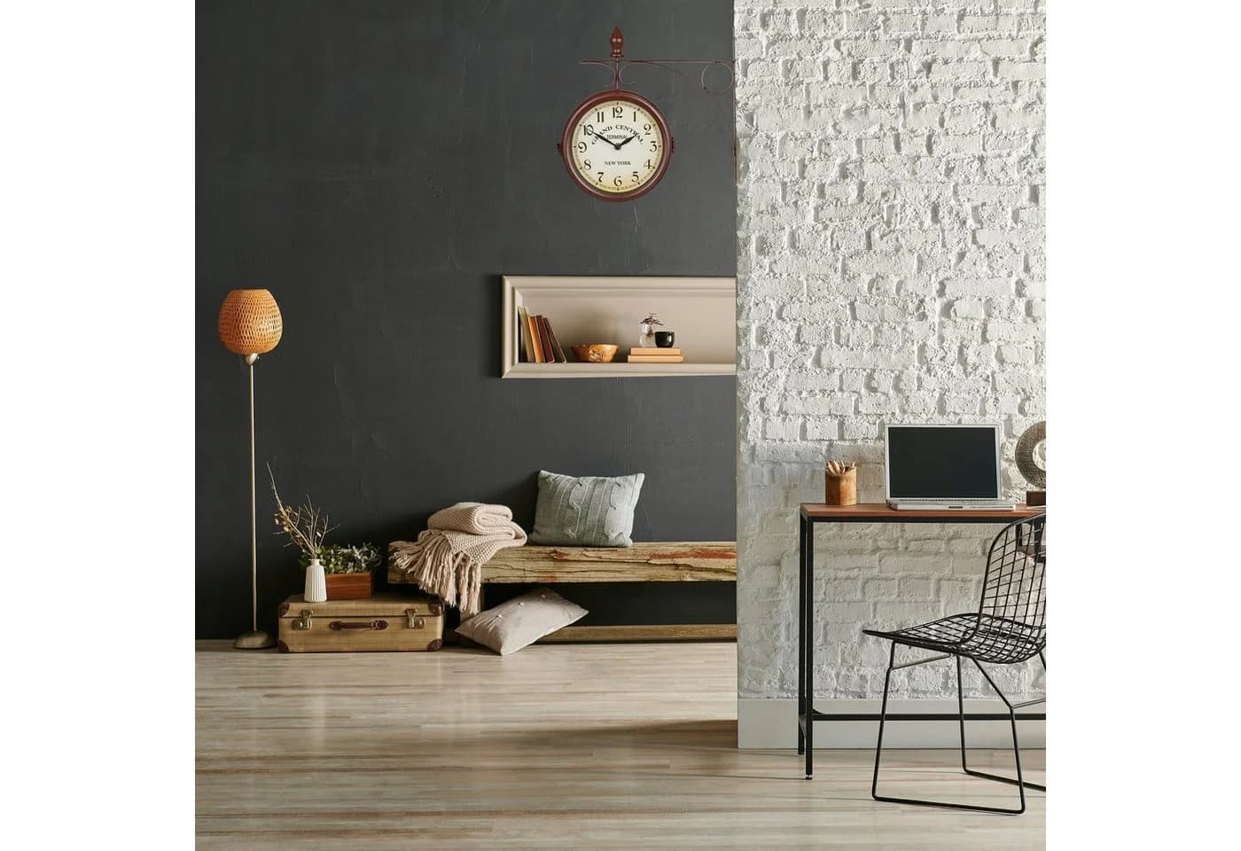 relaxdays Wanduhr Bahnhofsuhr doppelseitig Braun
