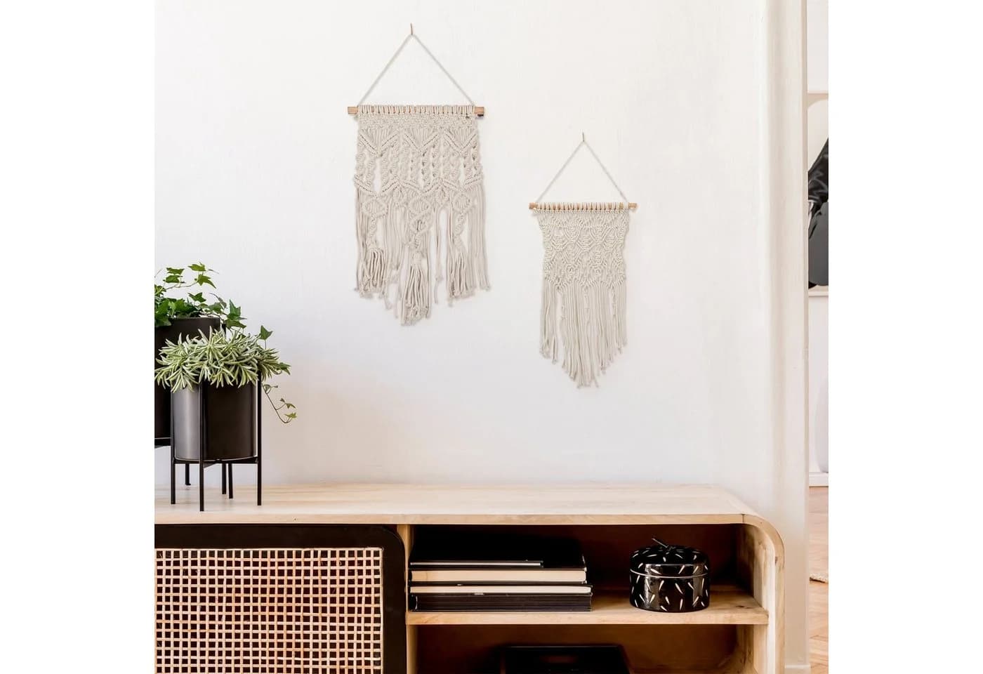 relaxdays Wanddekoobjekt Makramee Wandbehang 2er Set Creme