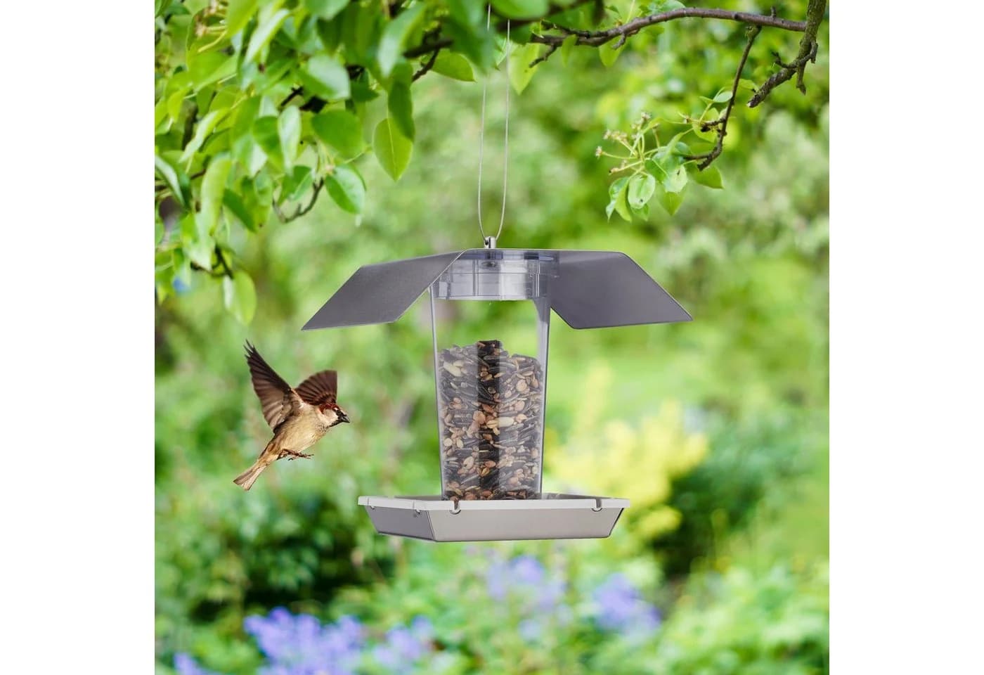 relaxdays Vogelhaus aus Edelstahl mit transparentem Silo