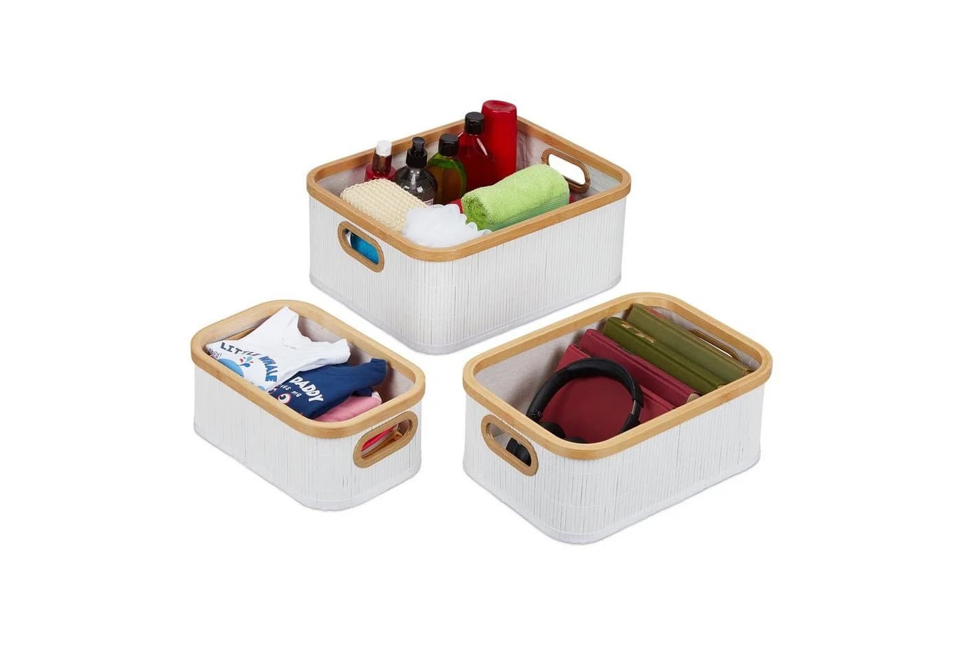 relaxdays Aufbewahrungskorb 3er Set Bambus Weiß/Beige - Bild 2