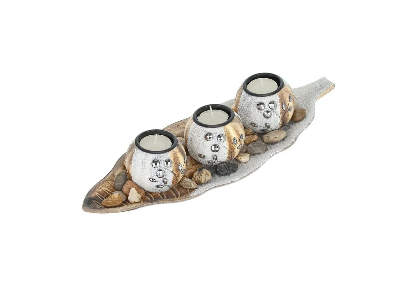 RELAXDAYS Teelichthalter Set mit Tablett 3-teilig Braun/Weiß Steinoptik - Bild 2