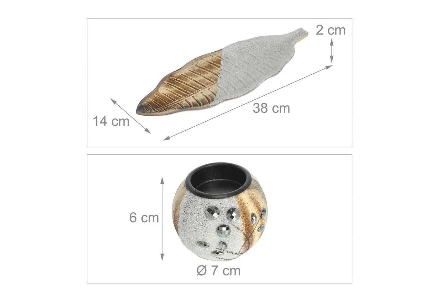 RELAXDAYS Teelichthalter Set mit Tablett 3-teilig Braun/Weiß Steinoptik - Bild 4