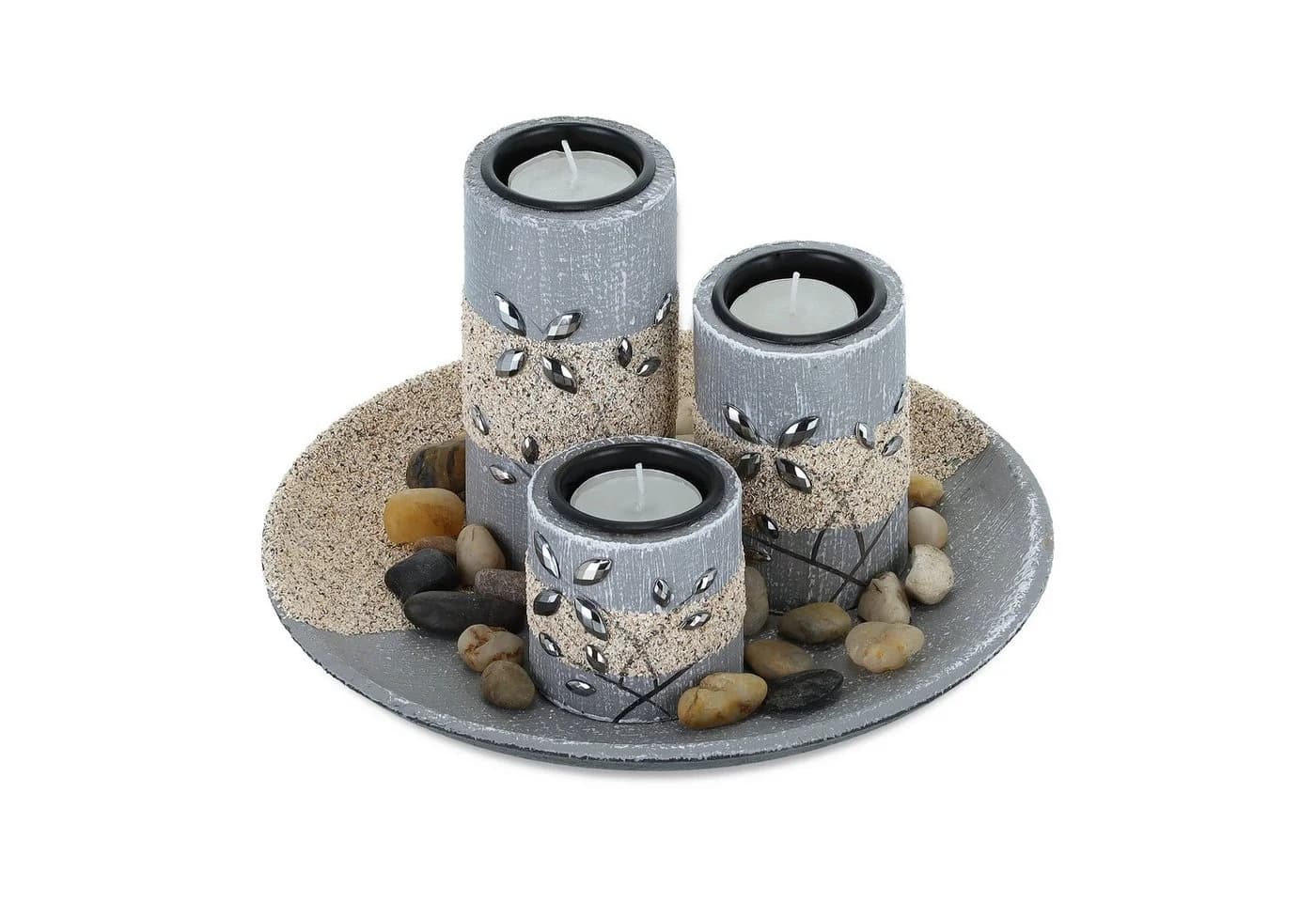 relaxdays Teelichthalter Set mit Tablett und Dekoschale Grau Beige Schwarz - Bild 2