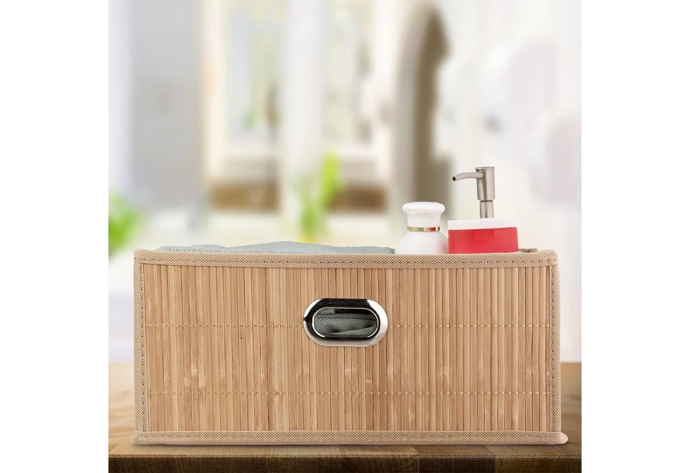 relaxdays Aufbewahrungskorb 3er Set Bambus Dekor Beige Faltbar