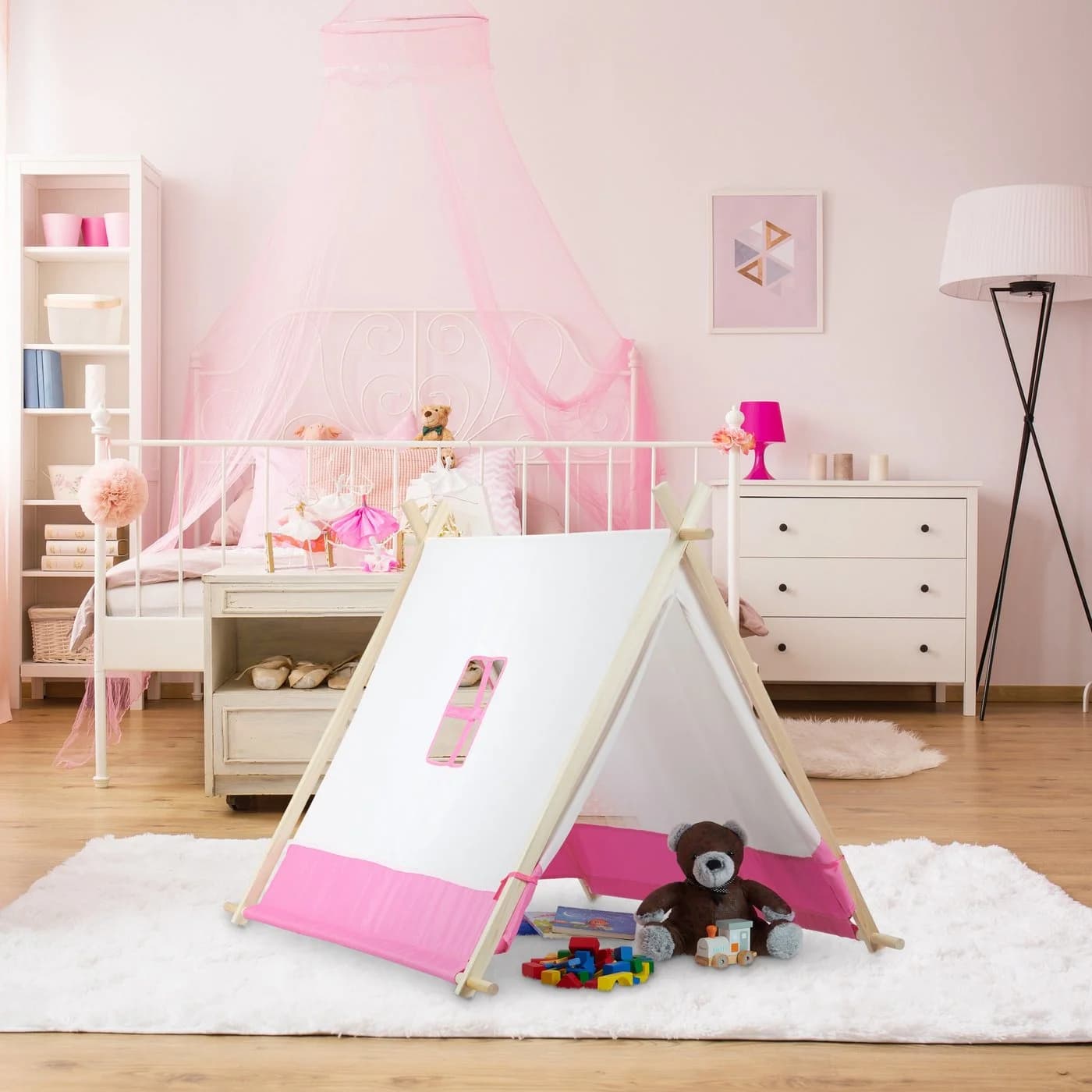 relaxdays Tipi-Zelt für Kind Weiß-Rosa